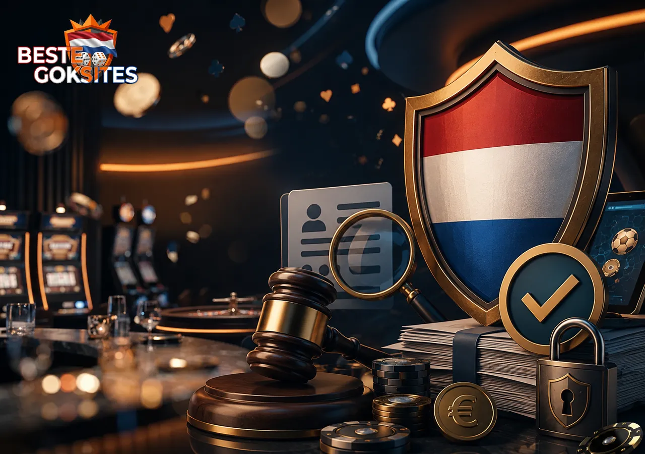 Legaliteit in Nederland met schild, documenten, rechtershamer en registercontrole